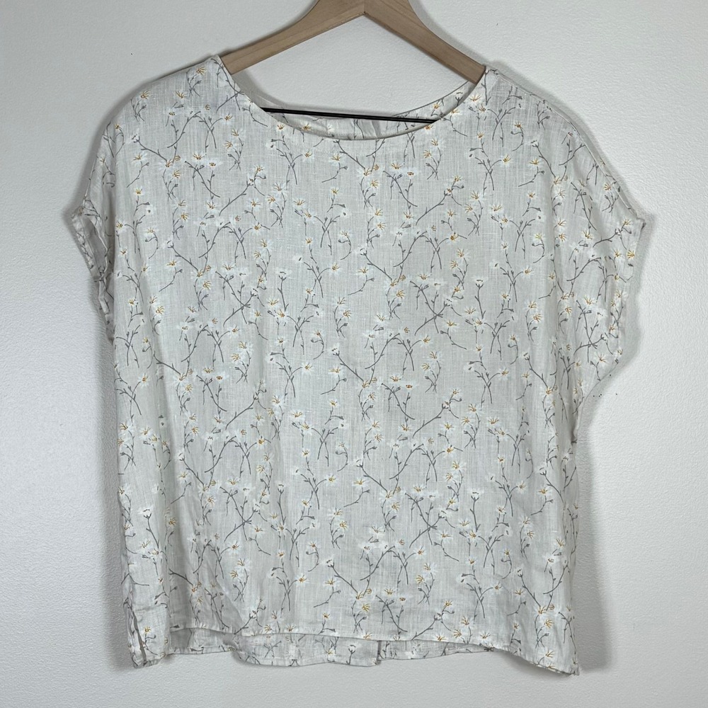 Cynthia Rowley Womens 100% Linen Top Size S Gray Floral Relaxed Boxy Fit Cottage
